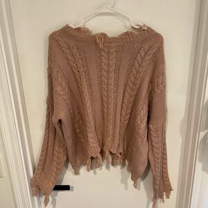 Altar'd State Fringed Cable Knit Sweater - Brown